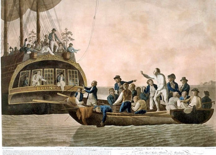 A contemporary engraving of Lieutenant William Bligh and fellow crewman being cast adrift in the South Pacific in the Mutiny on the Bounty. 