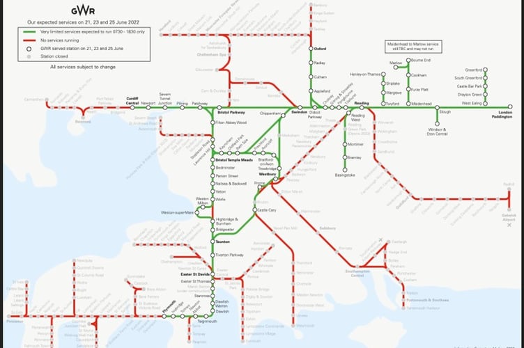 GWR map of where trains will be running on June 2022 strike days