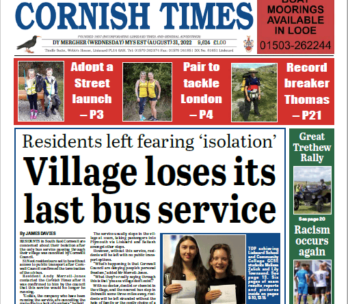 Cornish Times front page for August 31 edition.