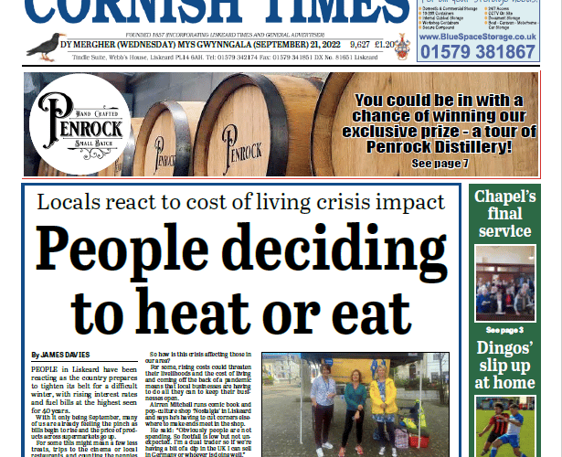 The front page of the Cornish Times for Wednesday, September 21, 2022.