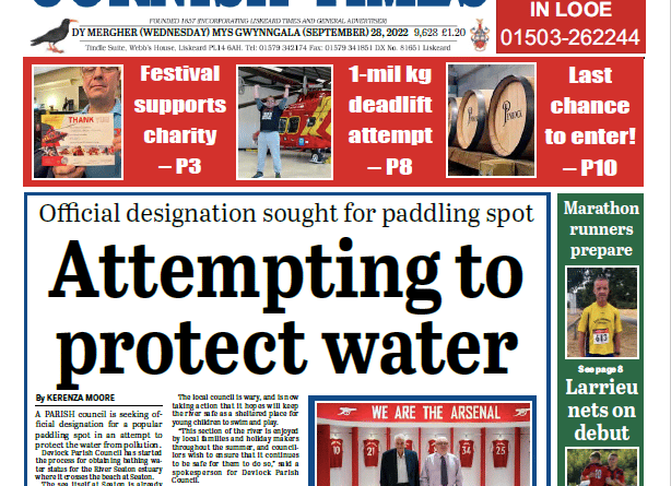 The front page of the Cornish Times newspaper for Wednesday, September 28.