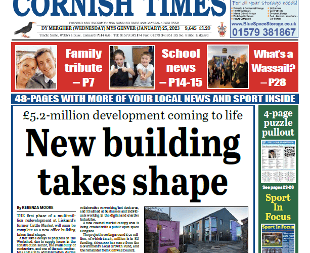 The front of this week's Cornish Times.