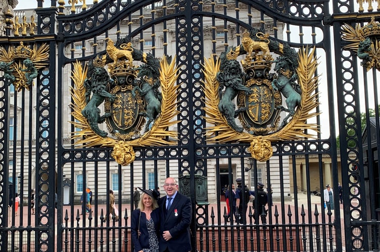 Gary and wife Sarah outside Buckingham Palace at the Royal Garden Party.