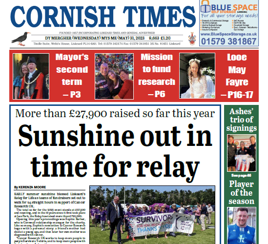 Front page of the Cornish Times for May 31, 2023.