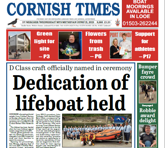 The front of the Cornish Times for Wednesday, June 21