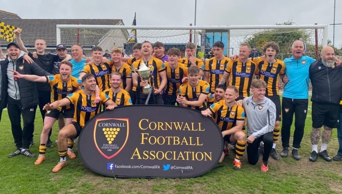 Falmouth Town celebrate winning the Cornwall Senior Cup at Wendron United on Sunday. Picture: Kevin Marriott