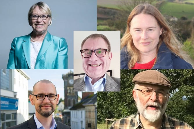 Conservative – Sheryll Murray (top left), Labour – Anna Gelderd (top right), Reform UK – Paul Wadley (centre), Liberal Democrats – Colin Martin (bottom left), Green Party – Martin Corney (bottom right)