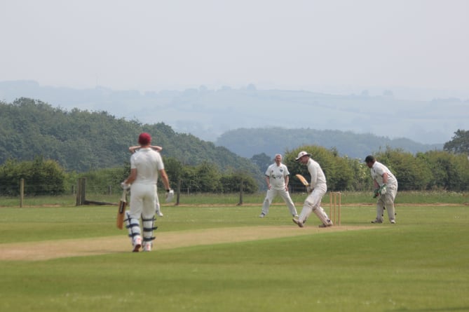 Werrington Thirds all-rounder Ian Searle has a look at the pitch after a delivery during their home clash with Boconnoc. Picture: Paul Hamlyn