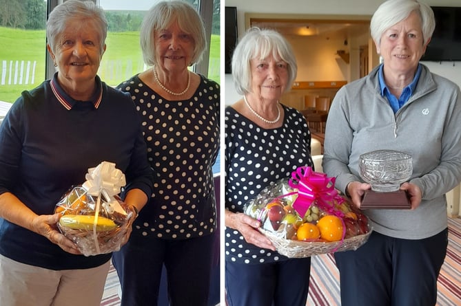 Rose Bowl organiser Wendy Phillips hands out the prizes to the respective winners, Hazel Beadle (left) and Sue Wenmoth.