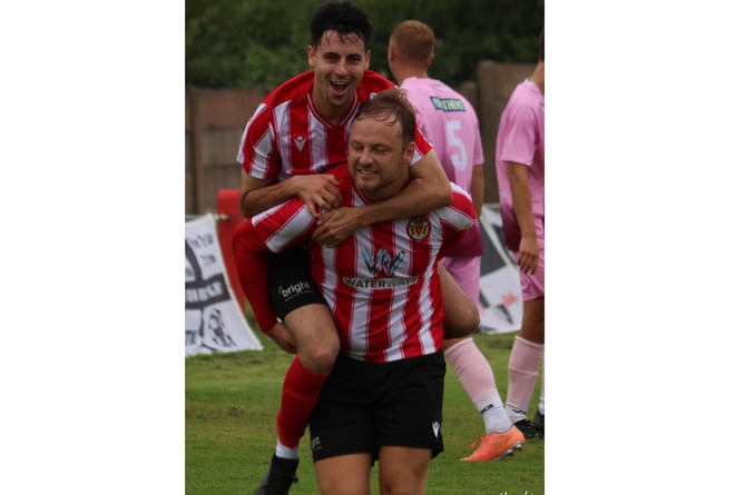 Saltash United celebrate Elliott Crawford's opener against Shepton Mallet. Picture: Daz Hands Photography