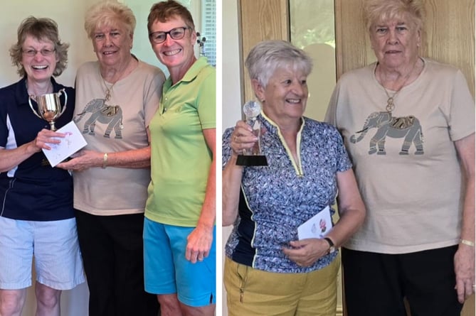 Left: Seniors Handicap winner Cathryn Braithwaite with prize-giver Thelma McEvoy and lady captain Sam Peach. Right: 9 Hole champion Hazel Beadle with Thelma. Picture: St Mellion Golf Club