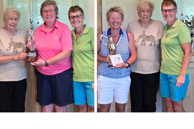 Left: Seniors Champion Katy Milne (centre) with Thelma McEvoy (left) and ladies captain Sam Peach. Right: Club champion Louisa McCartney (left) with Thelma and Sam. Picture: St Mellion Golf Club