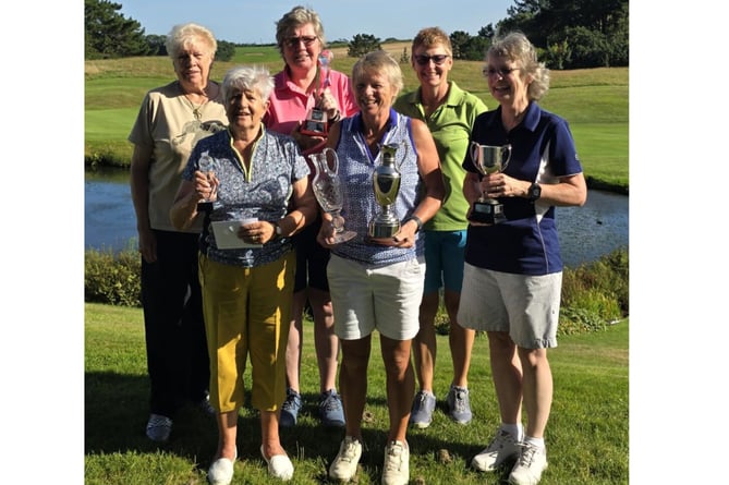 The winners of the respective competitions alongside prize-giver Thelma McEvoy. From left: Thelma McEvoy, Hazel Beadle, Katy Milne, Louisa McCartney, Sam Peach ( club captain) and Cathryn Braithwaite.