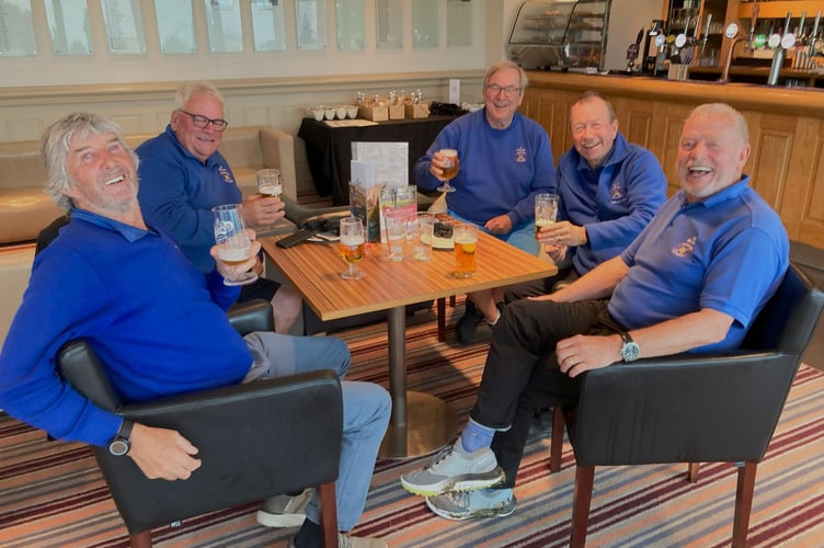 St Mellion's seniors enjoy a pint after the Veterans Trophy was abandoned for a second time. From left: Alan Joel, Phil Cuming, Rob Parsonage, Brian Pound and Albert Gunning. Picture: St Mellion Golf Club