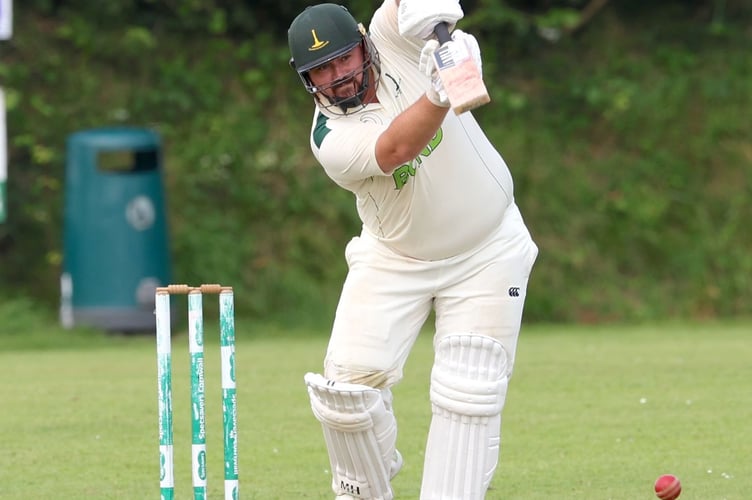 Callington Thirds captain Toby Beresford-Power plays a shot down the ground during Sunday's Division Three East clash with Newquay Seconds at Moores Park. Picture: Glen Rogers