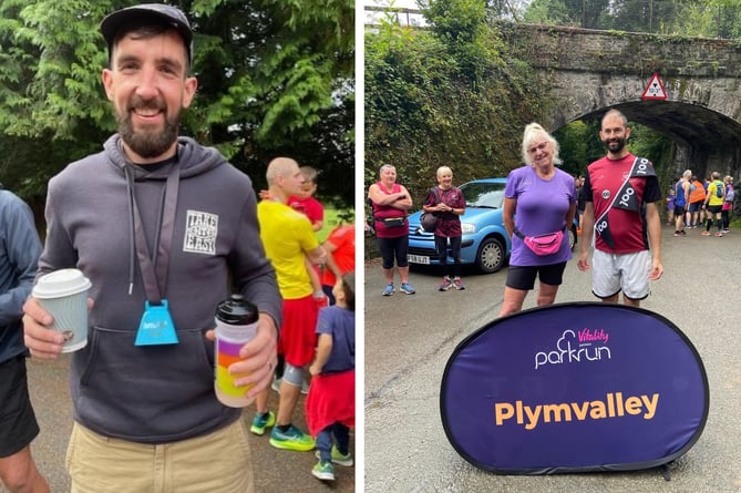 Rich Ezra-Ham at the Bodmin Sprint Triathlon, and right: Sue Mason (25) and Mark Rescorl (100) celebrate their personal milestones at the Plymvalley Parkrun on Saturday, August 24.