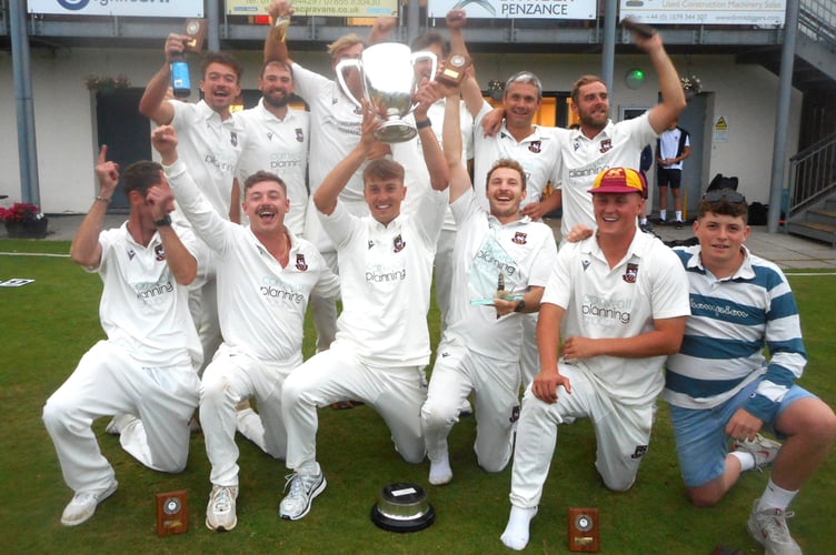 Penzance celebrate a fourth title in five years at St Clare on Saturday after a dominant eight-wicket victory over St Austell. Picture: Cornwall Cricket League