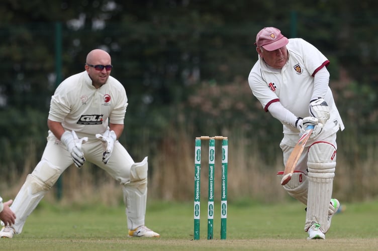 Saltash St Stephens wicket-keeper Dan Snowdon watches on as Liskeard's stand-in opener Martin Mote aims a shot into the leg-side at Lux Park on Saturday in their Division Three East clash. Picture: Glen Rogers