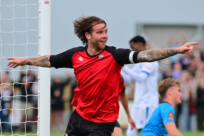 Goal Celebrations for Tyler Harvey of Truro City during the National League South match between Truro City and Chelmsford City at Truro Sports Hub on 31 August 2024  Photo: Izzy Ninnis/PPAUK