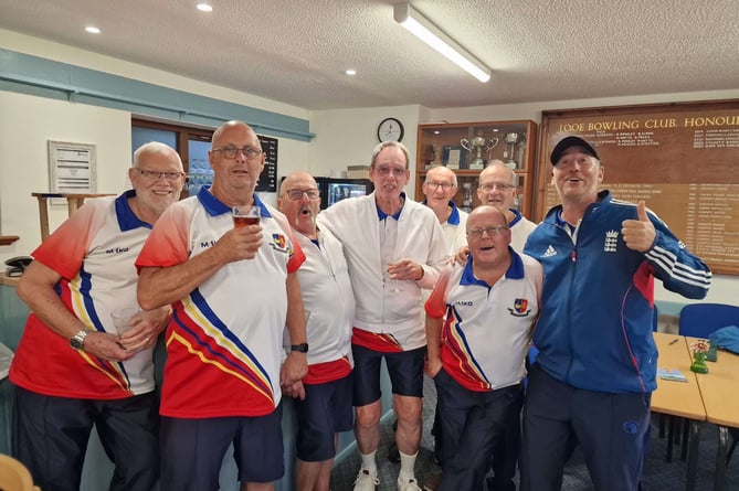 Looe's East Cornwall Bowls League title winning squad. From left: Geoff Highton, Bob Harris, David Medlen, Bob Pacey, Ron Rowley, Martin Watts, Mike Medlen and Steve Farnden. Missing from picture: Micky Hopkins, Brian Smith, Neil Smith and Martin Galloway. Picture: Looe Bowling Club