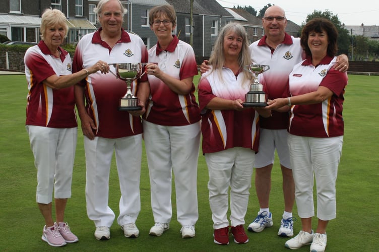 The Jubilee Triples winners (left) and runners-up (right). Picture: Liskeard Bowling Club