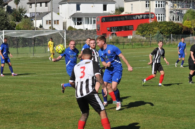 Action from Millbrook versus Newquay at Jenkins Park on Saturday. Newquay are in their change strip of blue. Picture: Newquay AFC