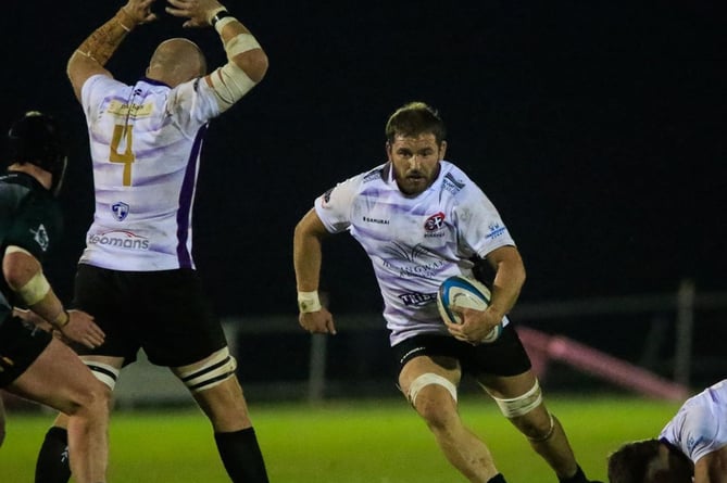 Cornish Pirates captain John Stevens runs at the Nottingham defence before being forced off injured in the first half. Picture: Brian Tempest