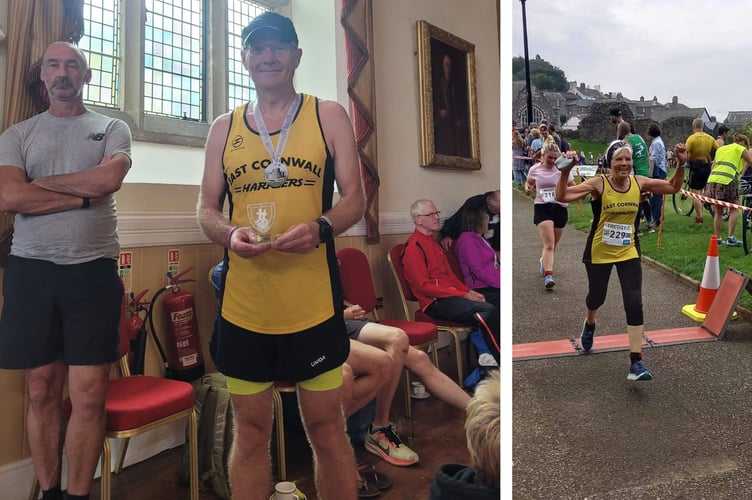 Ian Savigar with his M60-65 age group trophy for finishing third, while Margaret Ann Kinahan (right) was first over the line in the F70-74 age group. Picture: East Cornwall Harriers