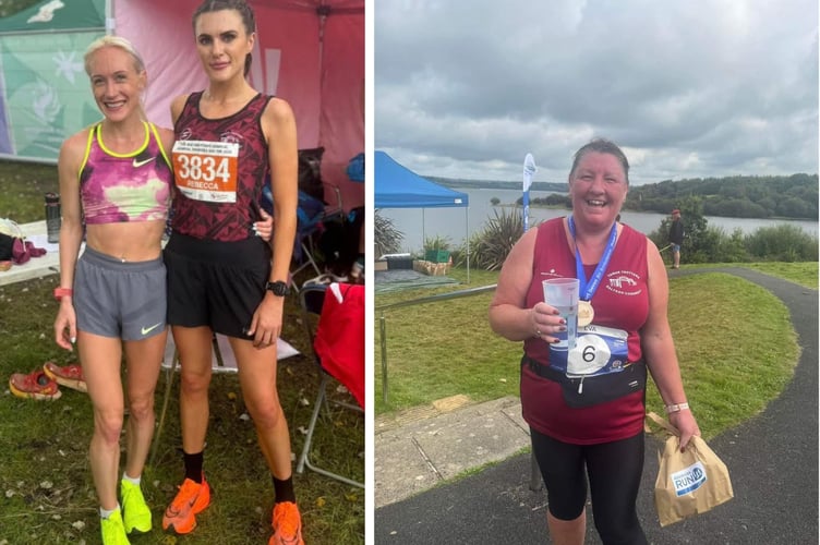 Left: Bex Exra-Ham (3834) with European Athletics Championships bronze medallist, Calli Thackery. Right: Eva Tandy after completing the Roadford Resevoir 10K. 