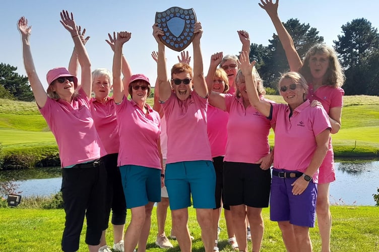 St Mellion celebrate their Division One success in the Cornwall Ladies County Golf Association. Pictured from left are: Helen Wormald, Sue Wenmoth, Karen Cook, Sam Peach (captain), Mary Brinsley, Katy Milne, Hilda McKinley, Louisa McCartney and Karen Ford. Picture: St Mellion Golf Club