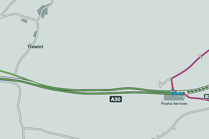 Blue line (Existing central reserve gap movements), Green line (Proposed new route to access Trevell - HGVs only), Dotted line (Proposed new route to access A30 westbound - U-turn at Kennards House -HGVs only), Pink line (Proposed new route to access either A30 westbound / Trevell -unsuitable for HGVs)