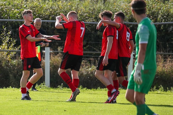 Dobwalls celebrate Charlie Castlehouse's goal against Sticker on Saturday at Lantoom Park. Picture: Colin Hilton