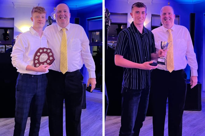 Tony Farrant hands out the second and third team captain's trophies. Left is Harvey Poad for the thirds and Spencer Whatley (right) for the seconds. Pictures: Callington CC