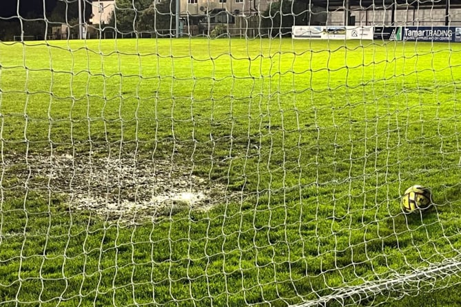 The goalmouth at the clubhouse side of the ground at Holsworthy on Wednesday night. Picture: Kevin Marriott