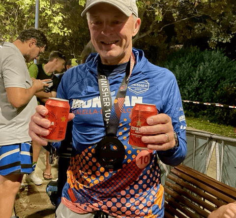 Paul Gregg enjoying a drink at the end of the race