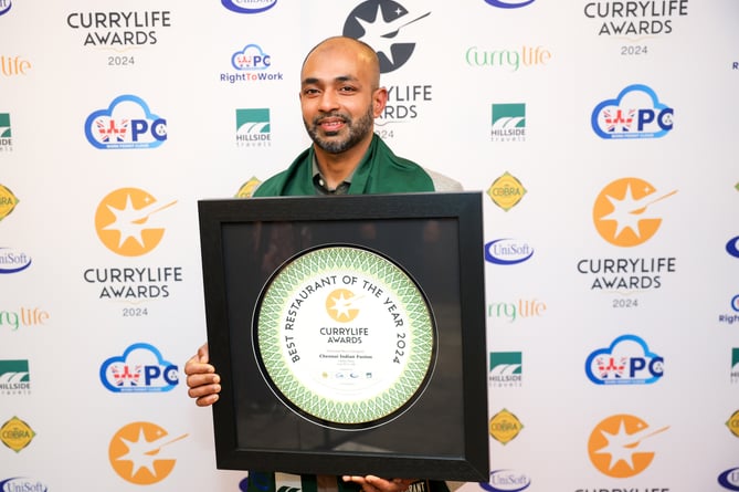 Owner and head chef of Chennai Indian Fusion in Looe, Mansell Ahmed after being awarded one of best curry houses in the country from this year's Curry Life Awards. (Picture: Curry Life Awards).