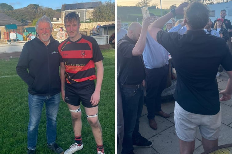 Will Hoskin was Liskeard's man of the match, while right: players from both teams enjoyed a classic boat race. Pictures: Liskeard-Looe RFC