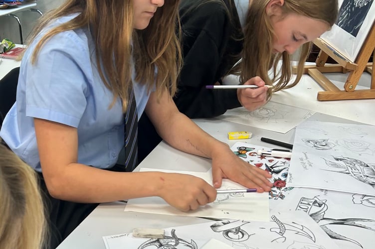 Sailing iconography was the focus of the art workshop led by Miss Welch. The students also learnt about the meaning of maritime tattoos. (Looe Community Academy)