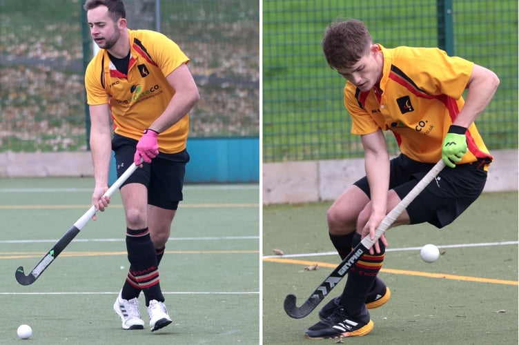 Nathan Jeffery (left) and two-goal hero Ben Hedley (right) in action for Caradon against Duchy at Lux Park on Saturday. Pictures: Glen Rogers