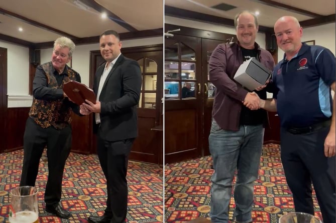 Saltash's Shayn Rencher, pictured on the left receiving the Clubman of the Year shield from outgoing chairman Neill Kelliher, is the new man in charge at Chapel Field. Pictured on the right is Curtis Barlow (left) who was recognised for his hundred at Roche Thirds with first team captain Justin Hemmings. Pictures: Saltash Cricket Club