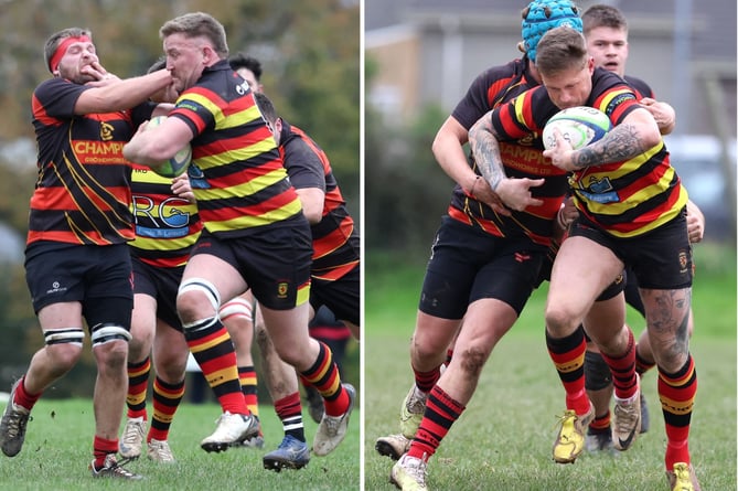 LEFT: Lewis Wells hands off lock Dan Lethbridge. RIGHT: Saltash skipper Jay Moriaty aims to break clear. Pictures: Glen Rogers