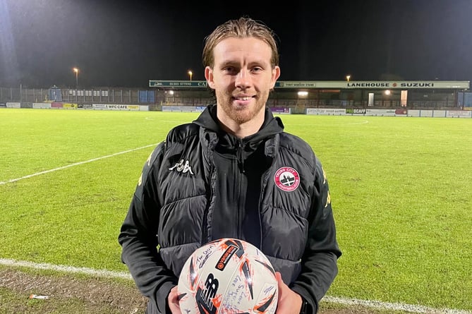 Tyler Harvey with the match ball after his hat-trick at Weymouth on Tuesday night. Picture: Truro City FC