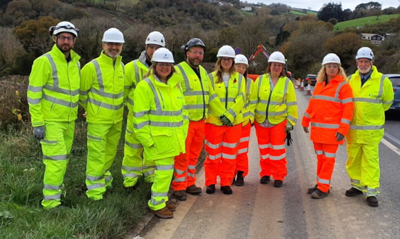 Anna Gelderd MP (fifth right) with National Highways and Octavius representatives on the recent site visit to the A38 Notter Bridge scheme