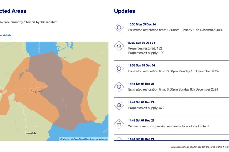 Another night without power as National Grid update the Cargreen map to reflect power should be restored midday Tuesday December 10. 