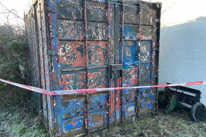 The burnt out shell of the container destroyed in the arson attack at Saltash Cricket Club