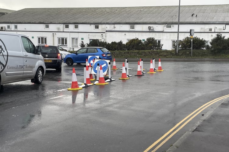 The new trial set-up at Gilston Road junction at Saltash, but it is missing a no right-turn sign