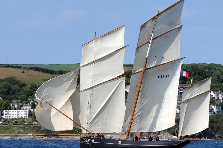 The impressive three-masted fishing lugger, La Cancalaise – a replica of the last of the original French bisquines, La Perle – which has been invited to the Looe Lugger Classics regatta this July 
