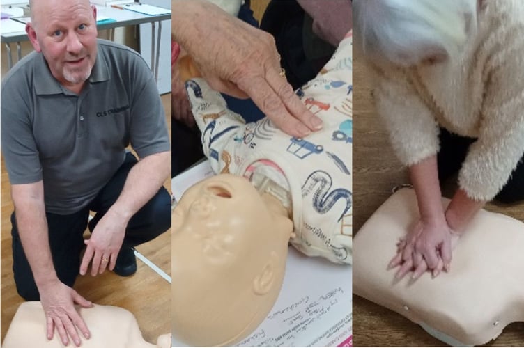 Dave Thompson (left) from Cornwall Lifeskills demonstrated life saving skills to the members of Pensilva Women's Institute who then had a go themselves 